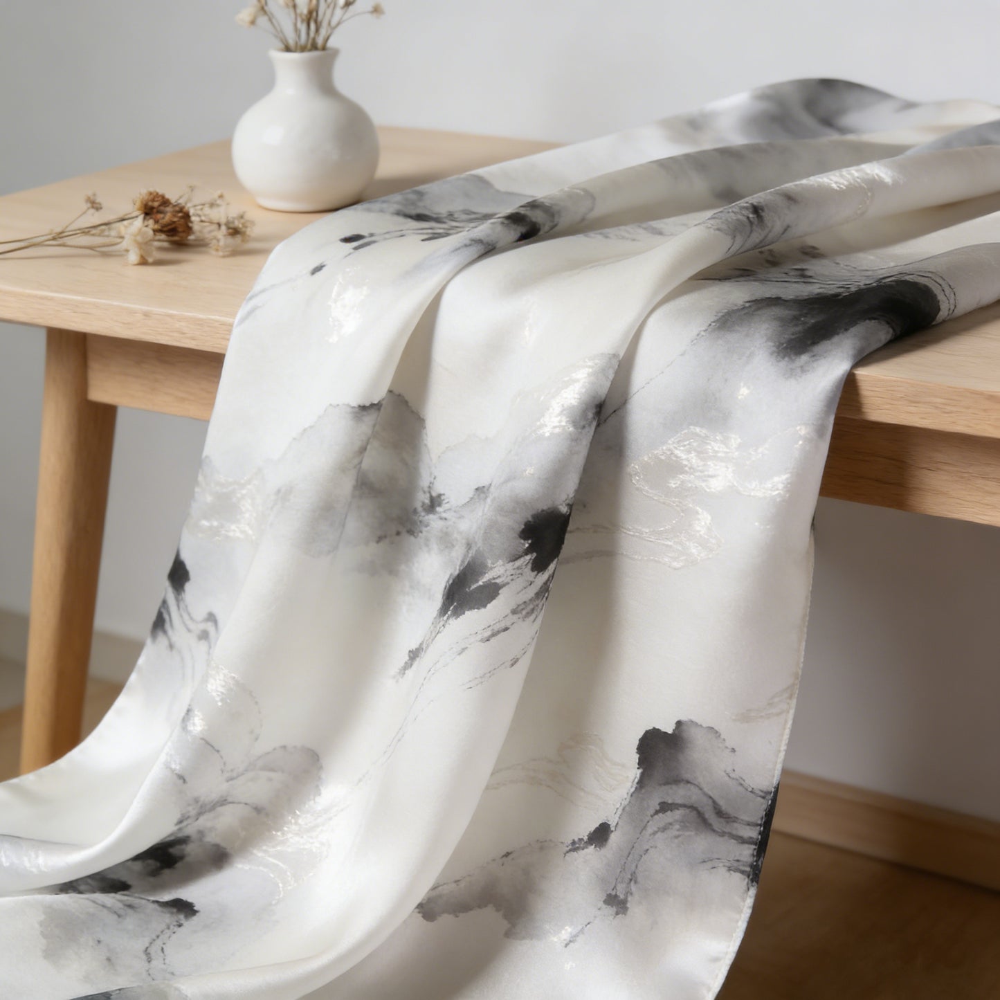 Ink Wash & Gilded Silk Satin Fabric